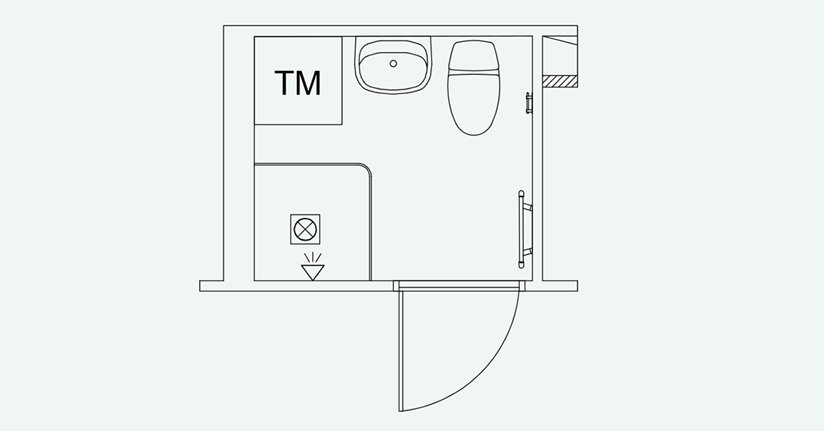 Planlösning för badrum i ett rum och kök på Sjödalstorget 3A-B och Kommunalvägen 14-16