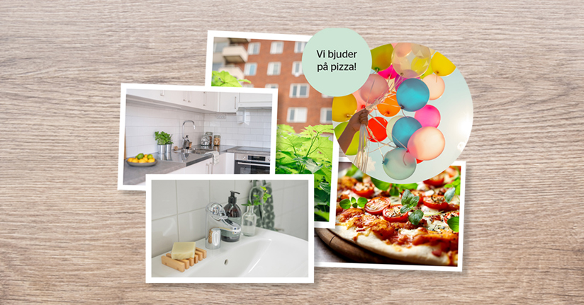 Kollage med bilder på nyrenoverad lägenhet, ballonger och pizza för att illustrera firande