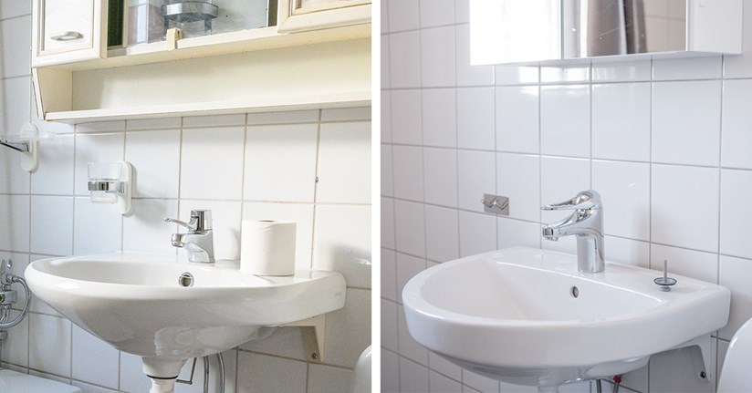 Handfat och badrumsskåp före och efter renovering i projektet på Sjödalstorget 3A-B och Kommunalvägen 14-16