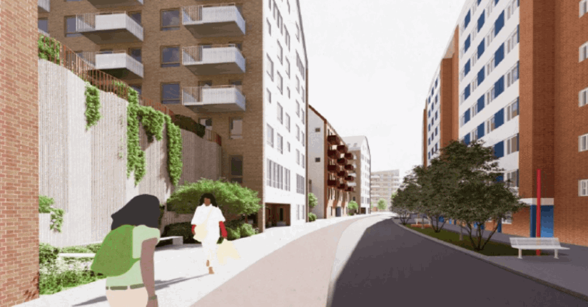 Illustration av nya hus på Solhagavägen, vy från norr mot Masmo torg